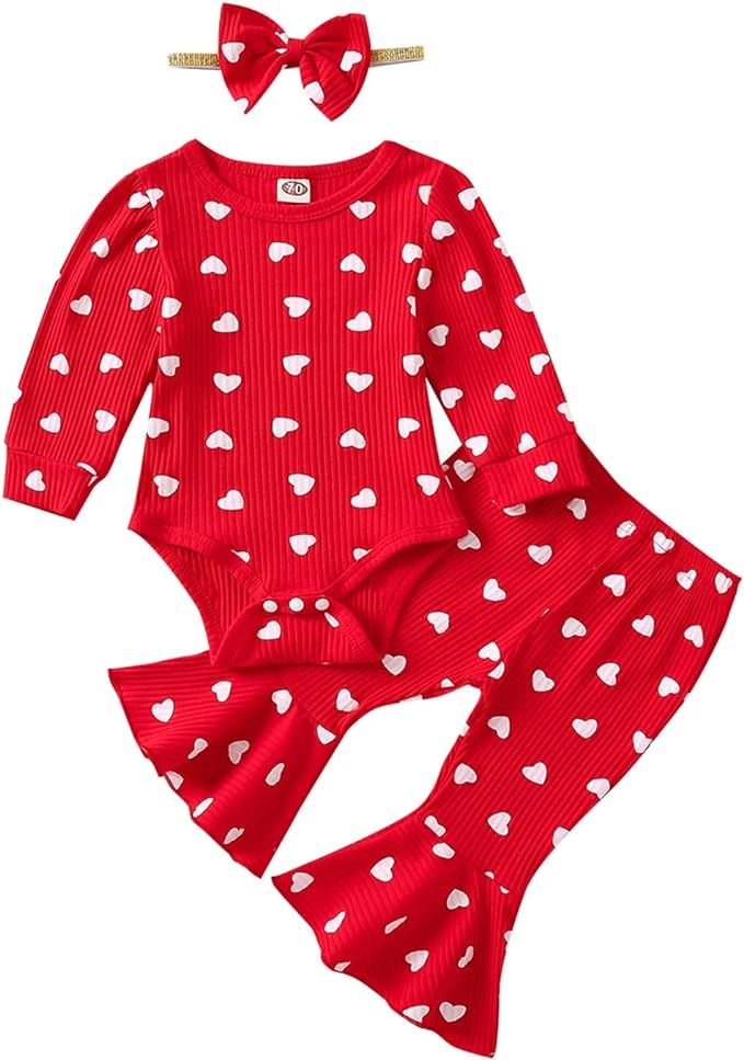 Ritatte Infant Baby Girl Valentine's Day Outfits Love Heart Ribbed Long Sleeve Romper Top Ruffle ... | Amazon (US)