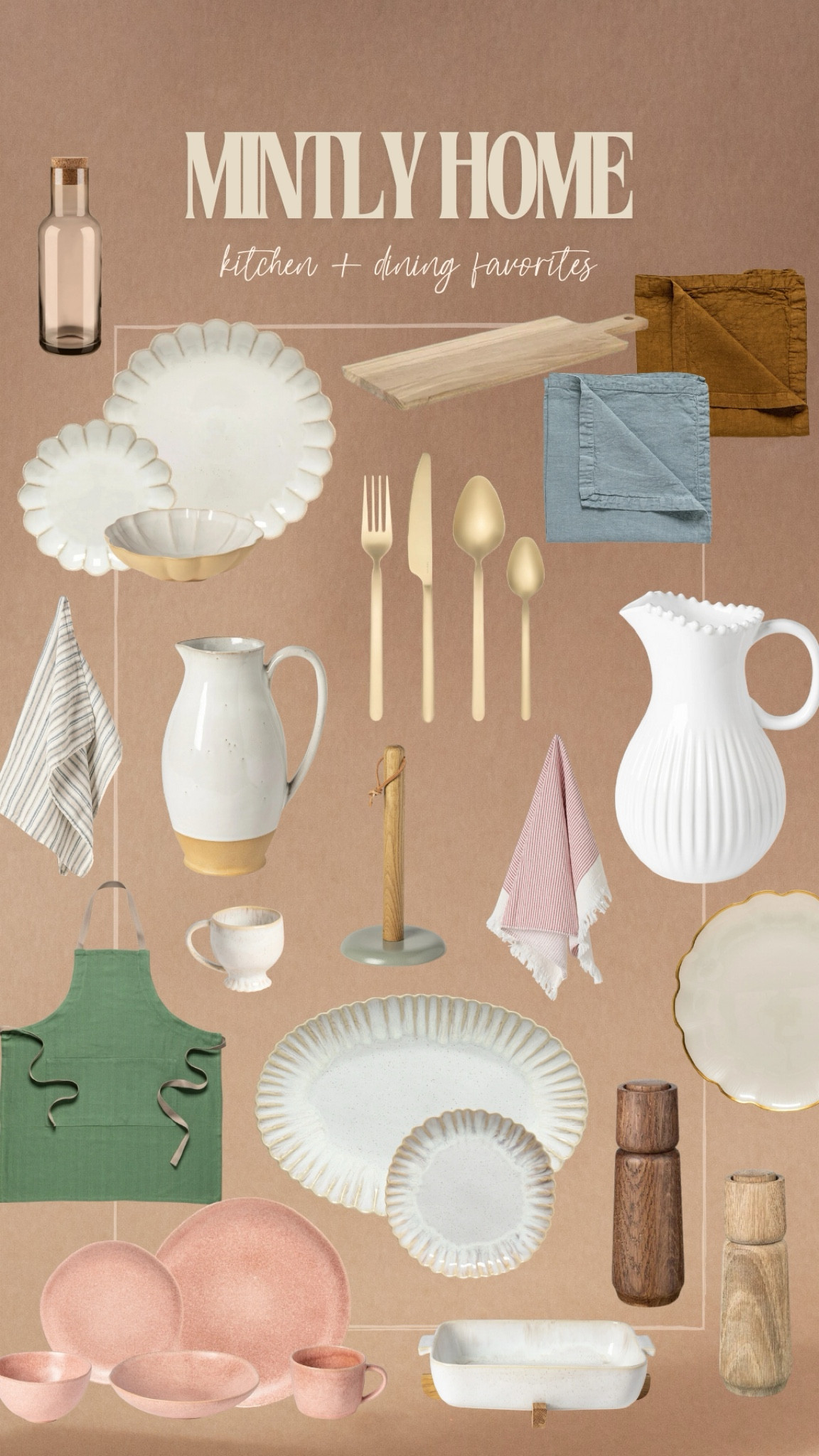 My favorite kitchen and dining pieces from Mintly Home!

Gold flatware, gold silverware, pitcher, scalloped plates, napkins, linen napkins, apron, pepper grinder, plates, pink plates, cutting board, cheese board 

#LTKHome