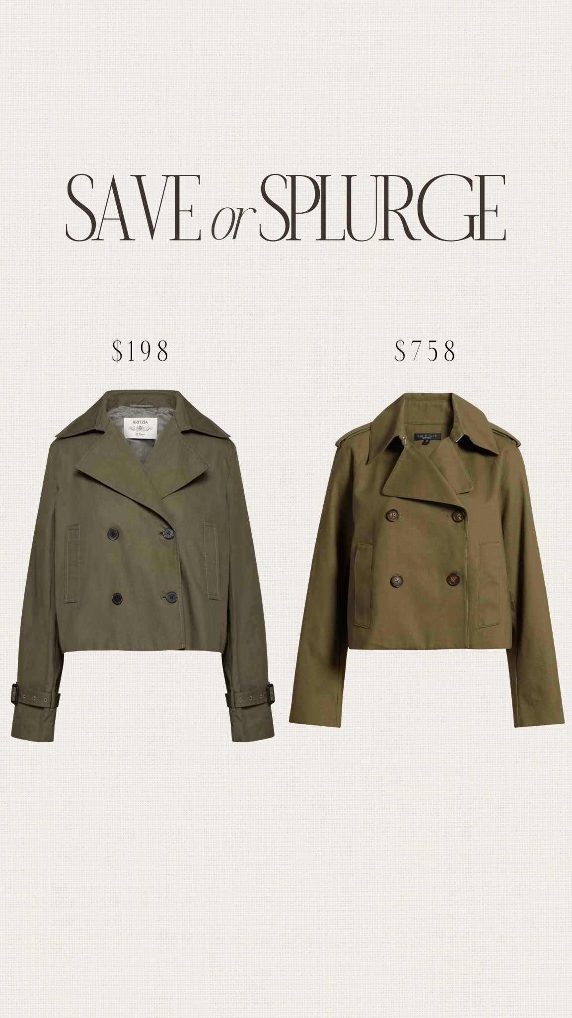 Save or Splurge! 🙌🏼 I’m obsessed with cropped trench coats this year and this deep olive tone is beautiful and very on trend. #stylinbyaylin

#LTKSeasonal #LTKOver40 #LTKStyleTip