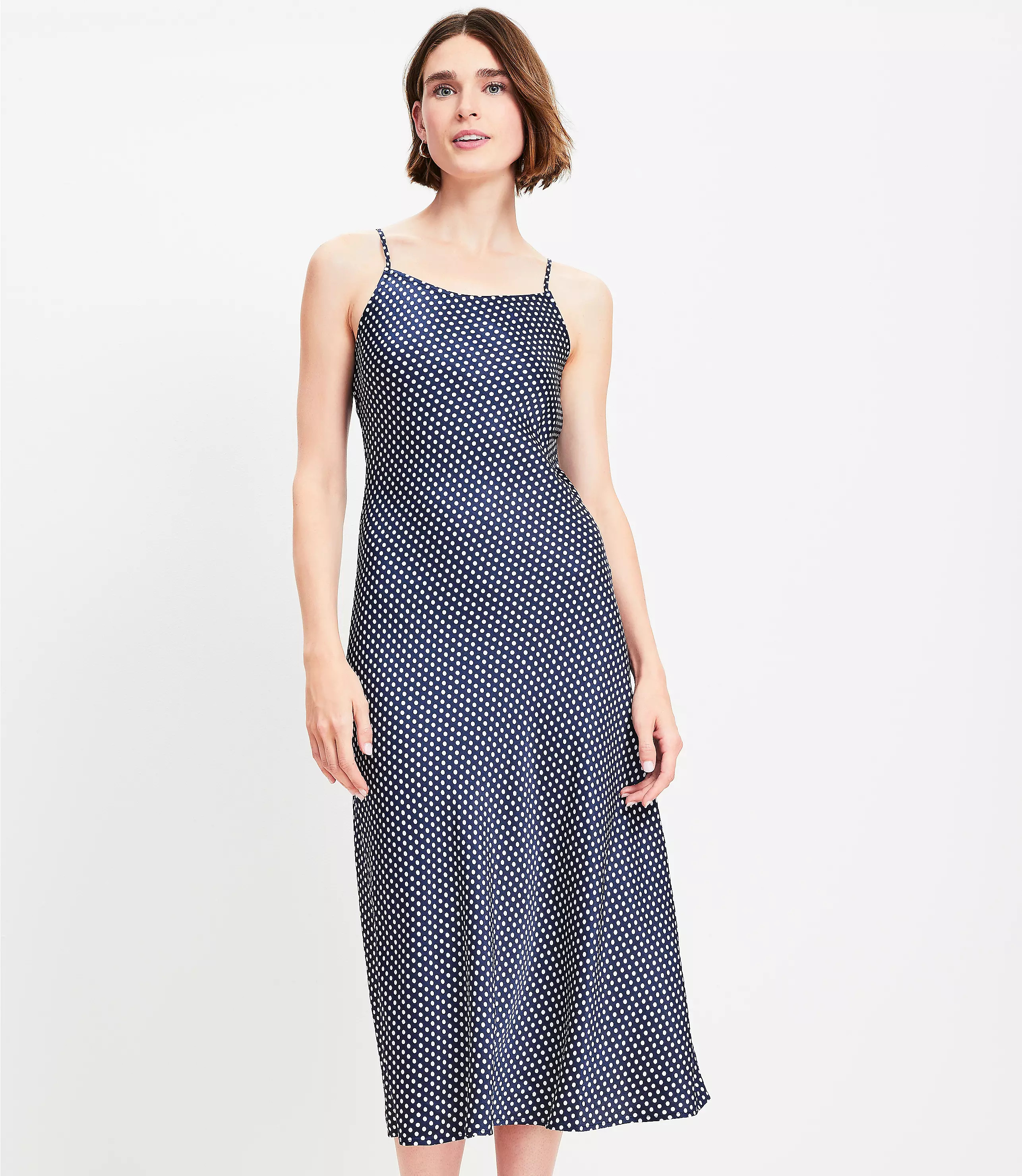 Dotted Satin Strappy Bias Midi Dress | LOFT