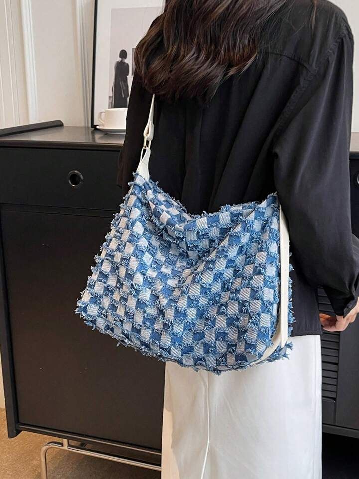 Plaid Pattern Hobo Bag Medium Raw Hem Zipper | SHEIN