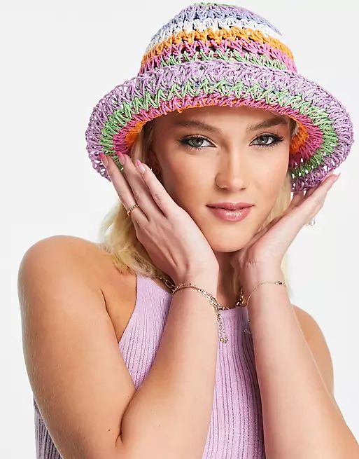 ASOS DESIGN crochet straw bucket hat and size adjuster in rainbow | ASOS (Global)