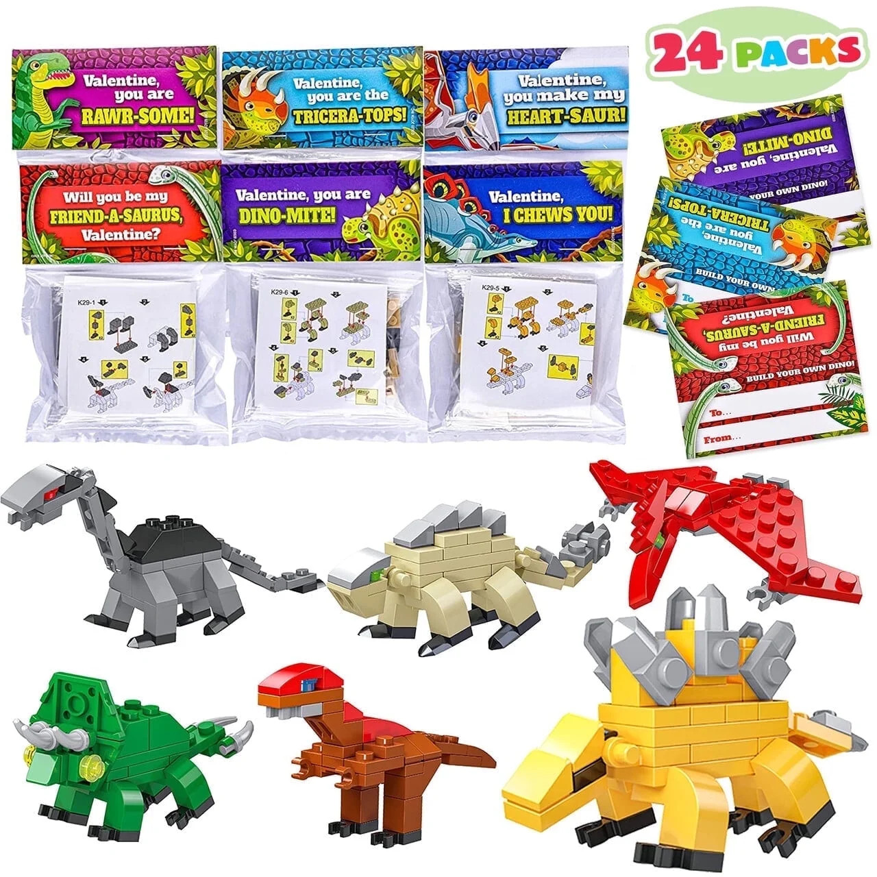 Joyfy 24 Packs Valentines Day Card with Dinosaur Building Blocks, Valentines Day Cards for Kids B... | Walmart (US)