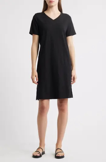 Eileen Fisher V-Neck Organic Cotton T-Shirt Dress in Black at Nordstrom Rack, Size X-Small | Nordstrom Rack