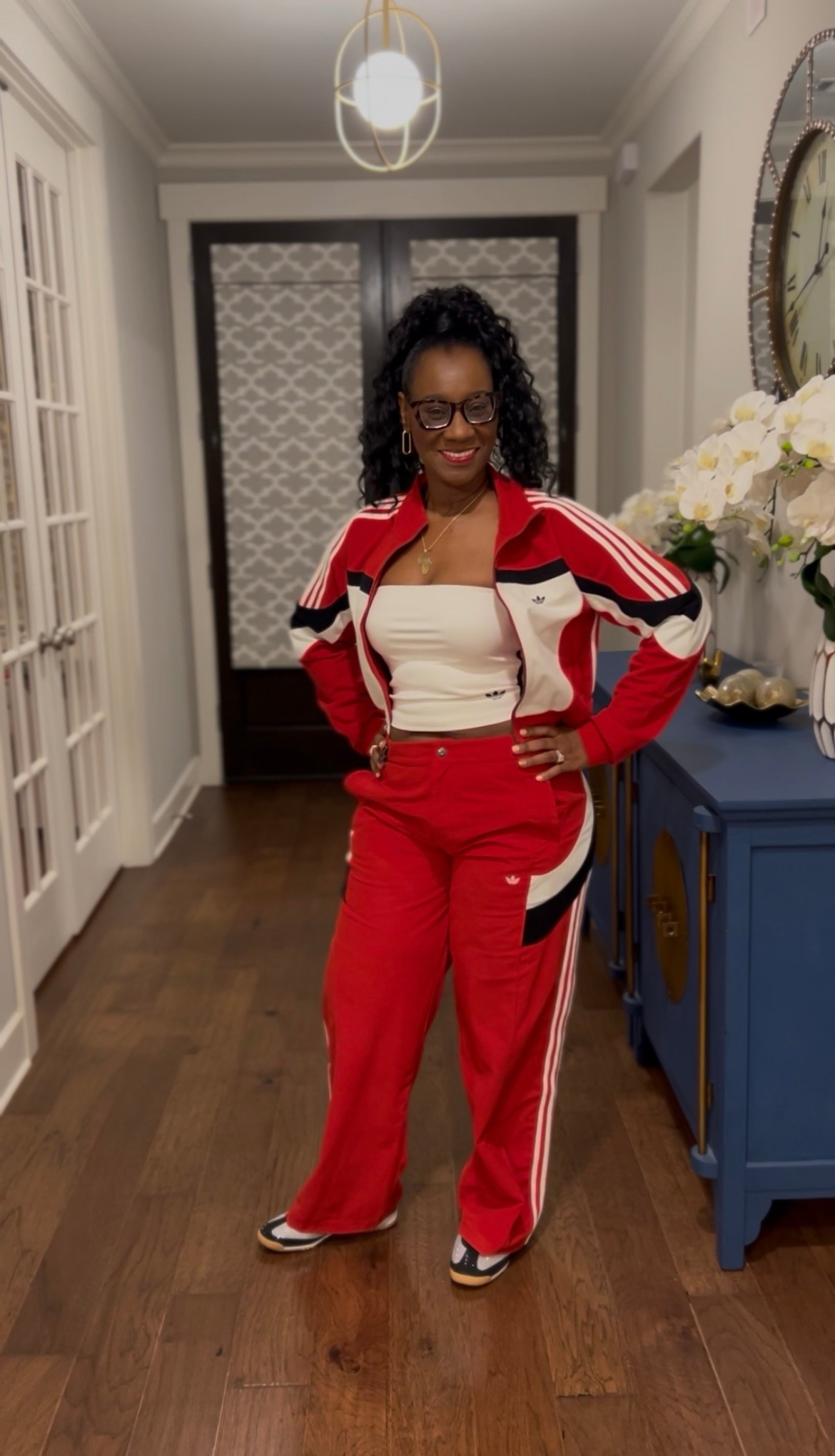 Love this set! It also comes in blue. For some reason I can’t get the jacket to show up in red but if you click the blue you’ll see the red. 

Jacket - Medium
Tube Top - Medium
Pants - 10