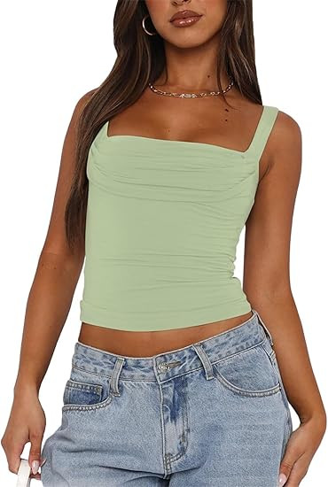 ForeFair Women Backless Ruched Tank Tops Sleeveless Square Neck Going Out Top Strappy Tight Slim ... | Amazon (US)