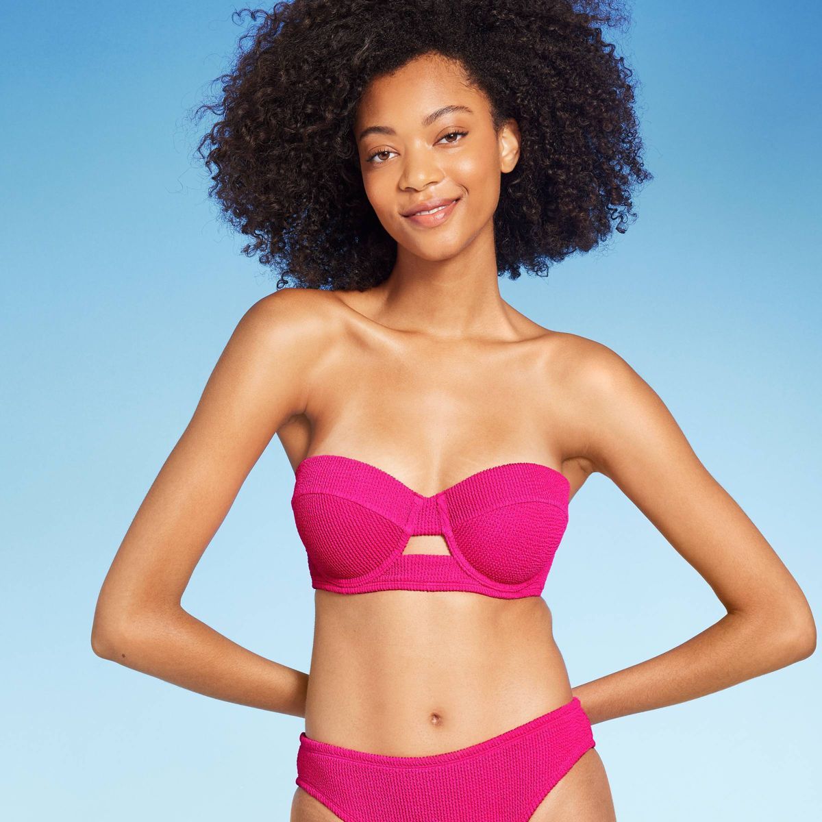 Women's Pucker Textured Light Lift Bandeau Bikini Top - Shade & Shore™ Hot Pink 36C | Target