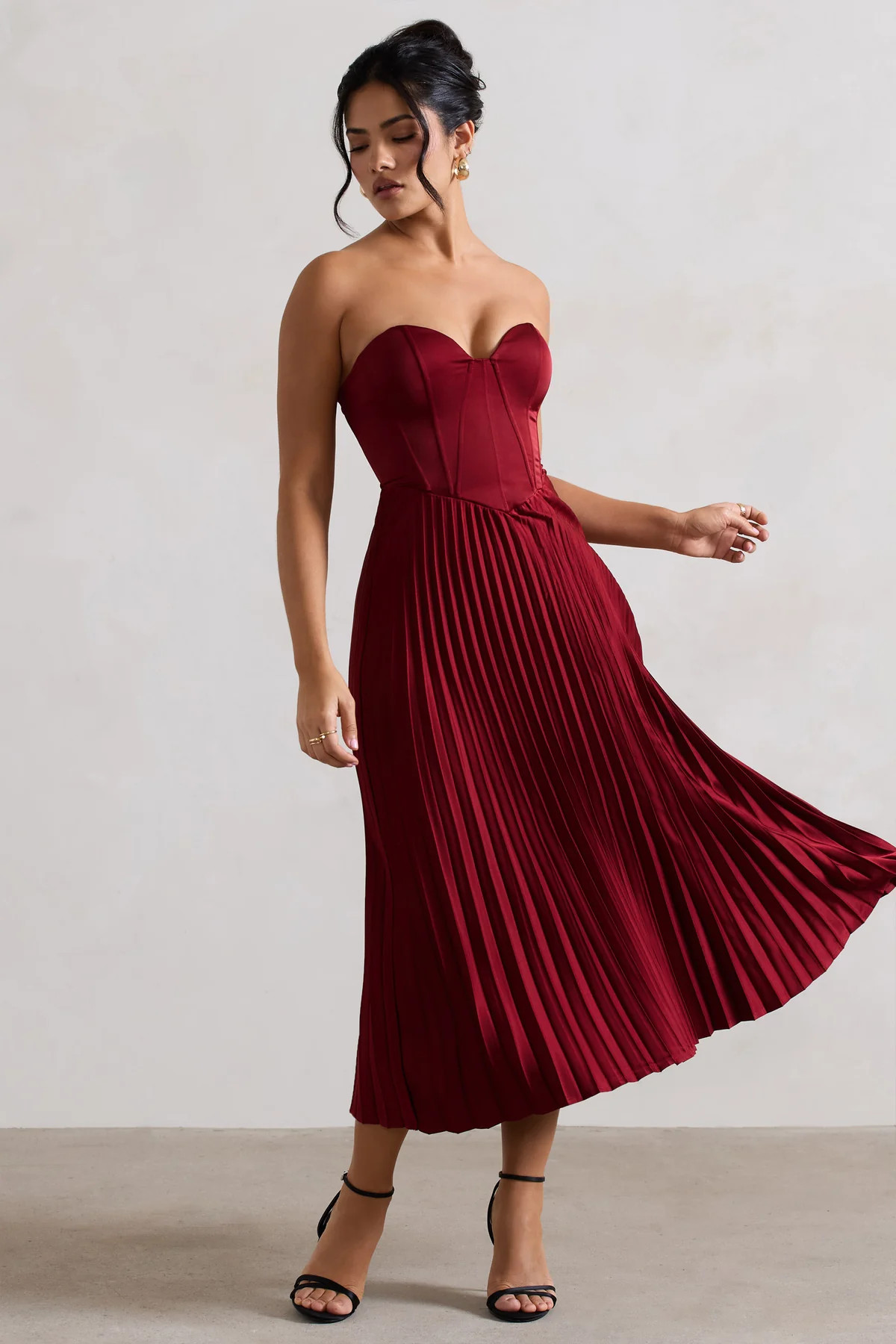 Bordeaux | Berry Satin Corset Style Midi Dress | Club L London