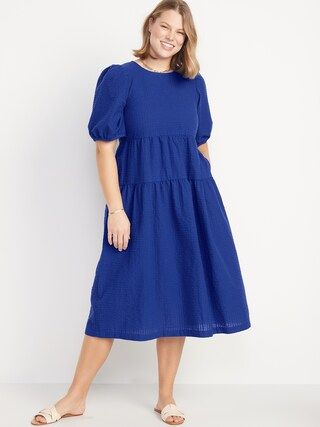 Tiered Puff-Sleeve All-Day Midi Swing Dress for Women | Old Navy (US)