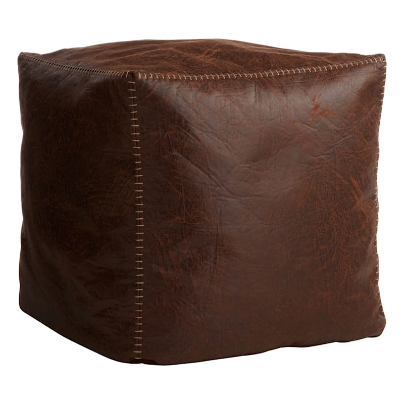 Faux Leather Brown Pouf with Baseball Stitch | At Home