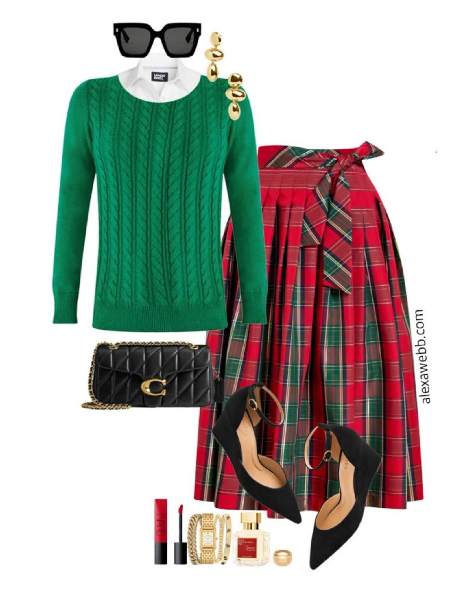 Plus Size Plaid Maxi Skirt Outfits - Warmest - A plus size holiday outfit idea for cold climates. A beautiful green cable knit sweater and Tartan plaid maxi skirt with wedge pumps. Alexa Webb #plussize

#LTKPlusSize #LTKSeasonal #LTKHoliday