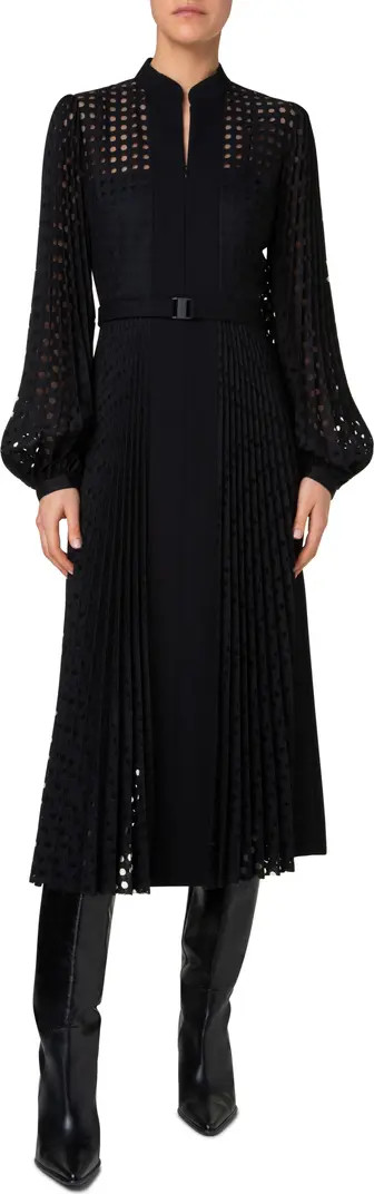 Akris punto Mixed Media Circle Grid Pleated Long Sleeve Midi Dress | Nordstrom | Nordstrom