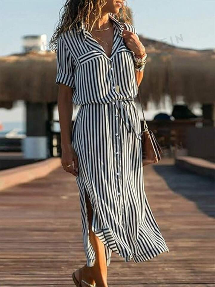 SHEIN VCAY Women's Color Block Striped Side Slit Maxi Dress | SHEIN