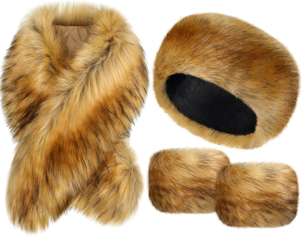 Ramede 3 Piece Faux Fur Collar Wrist Cuffs Headband with Stretch Snakeskin Print Winter Faux Fur ... | Amazon (US)