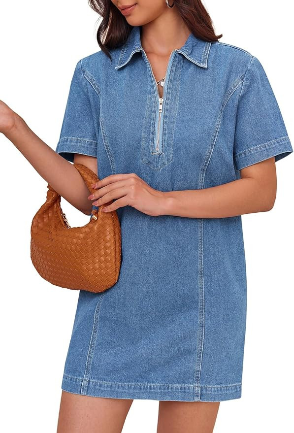 Fisoew Women’s Denim Mini Dress Short Sleeve Summer Casual Half Zip Polo Neck Short Jean Dress | Amazon (US)