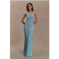 Carmen Crochet Sequin Maxi Open Back Dress - Blue I MESHKI I Size XS | MESHKI US