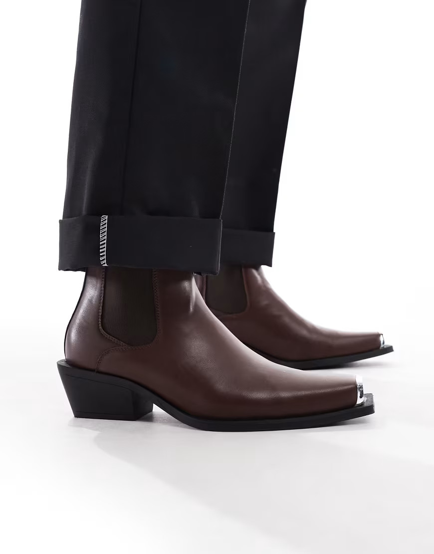 ASOS DESIGN cuban heel western chelsea boots in brown with silver toe cap | ASOS (Global)
