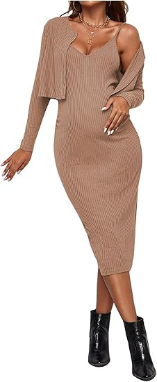 Verdusa Women's Maternity 2 Piece Rib Knit V Neck Long Cami Bodycon Dress and Long Sleeve Cardiga... | Amazon (US)