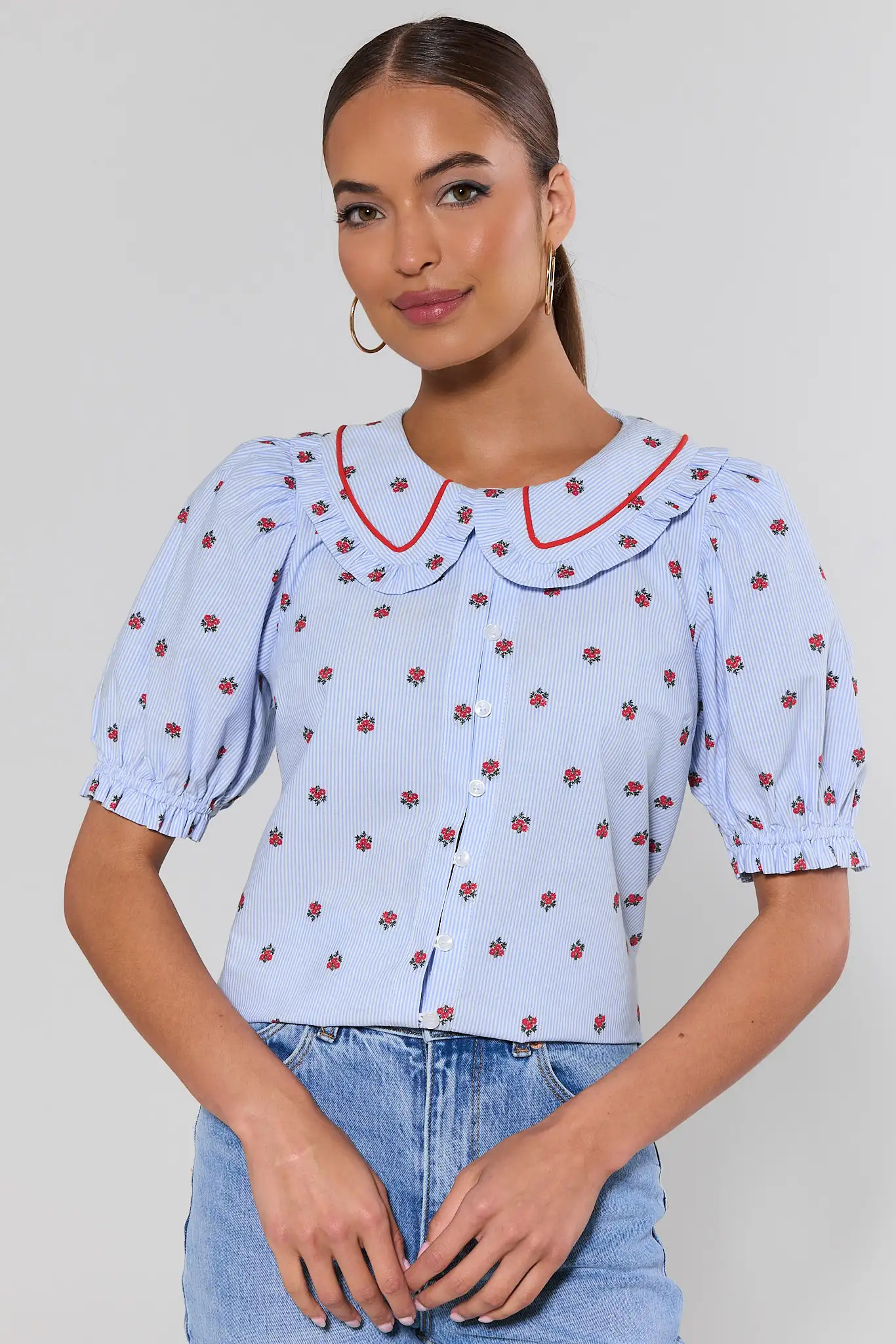 Blue Striped Floral Print Top | Avara