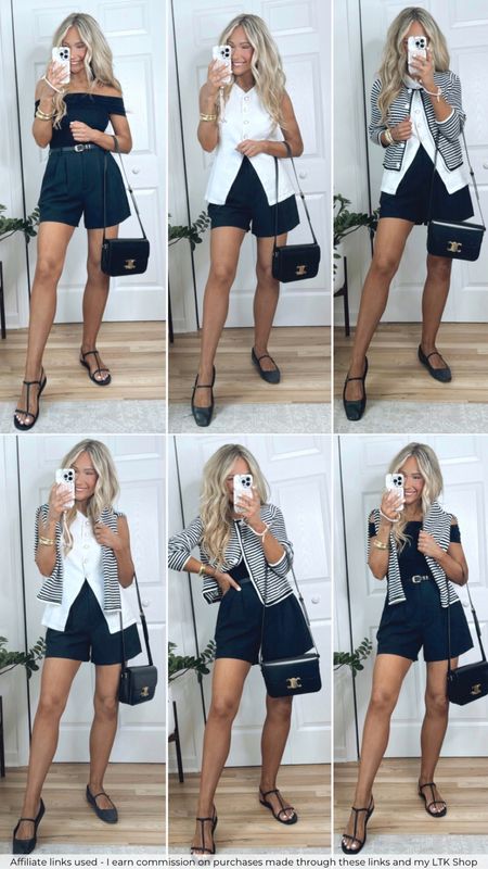 6 ways to style black tailored shorts using only 3 tops!