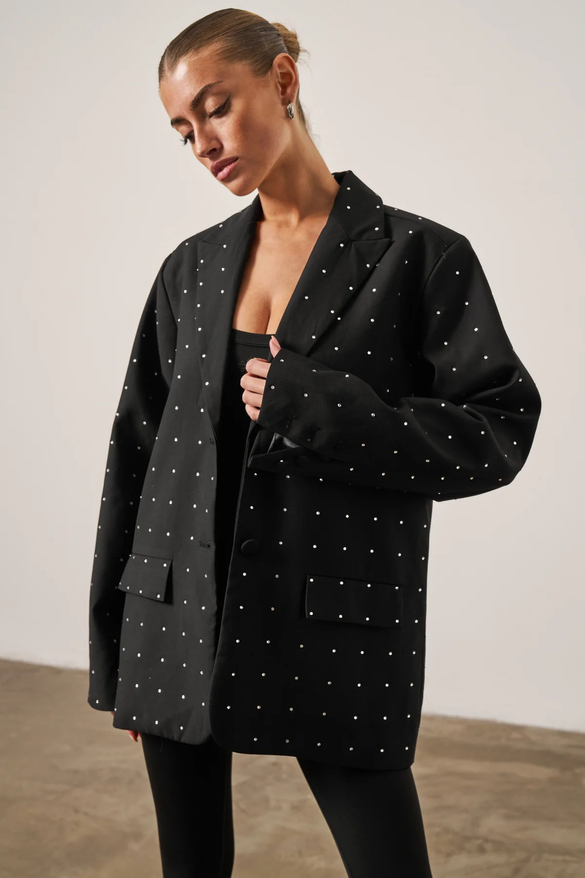 EMBELLISHED RHINESTONE OVERSIZED BLAZER - BLACK | The Couture Club