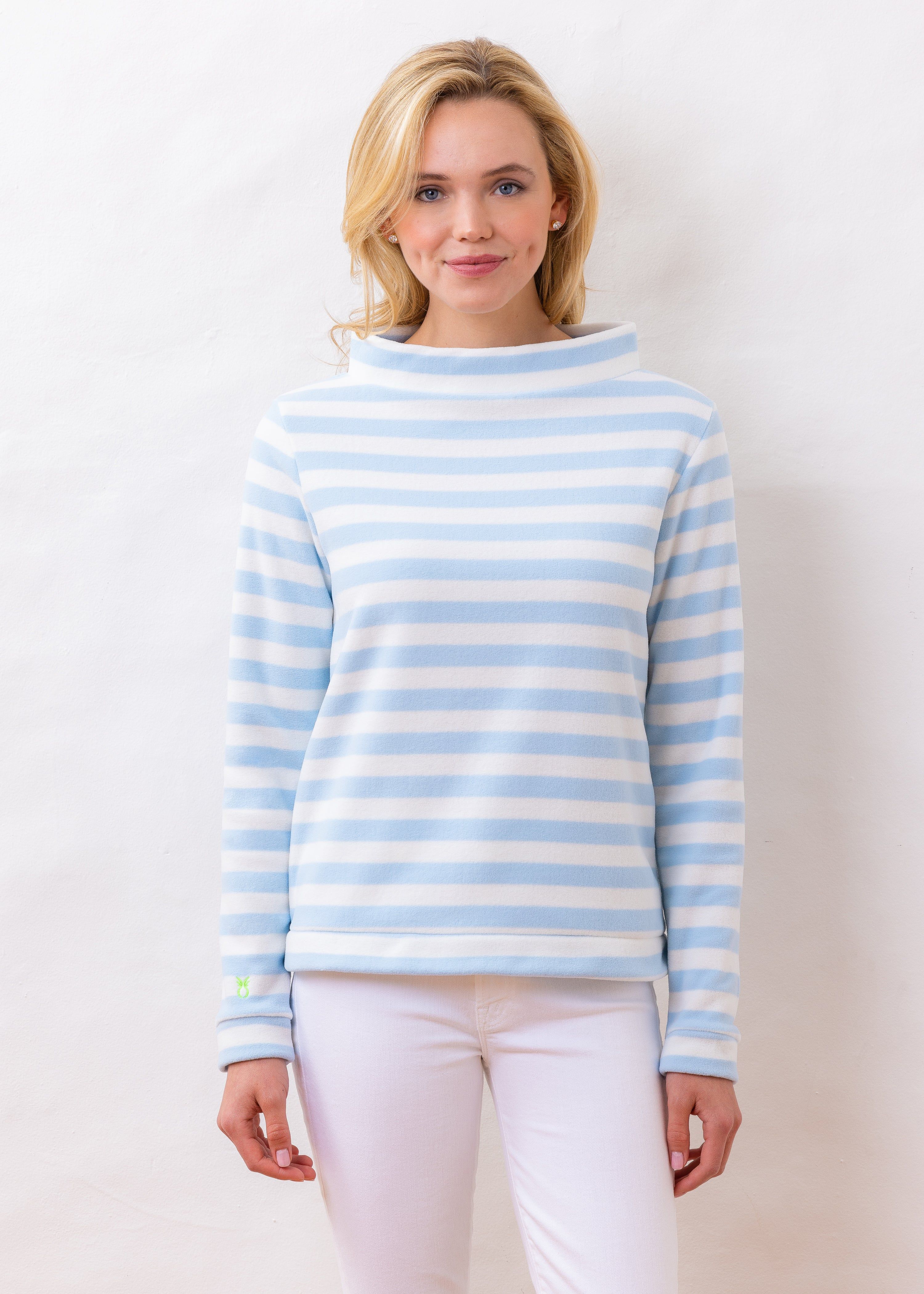 Brighton Boatneck Top in Striped Fleece (Ice Blue / White) | Dudley Stephens
