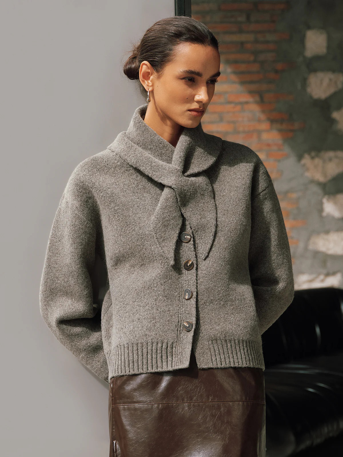 Button-Front Knit Cardigan with Scarf | Commense