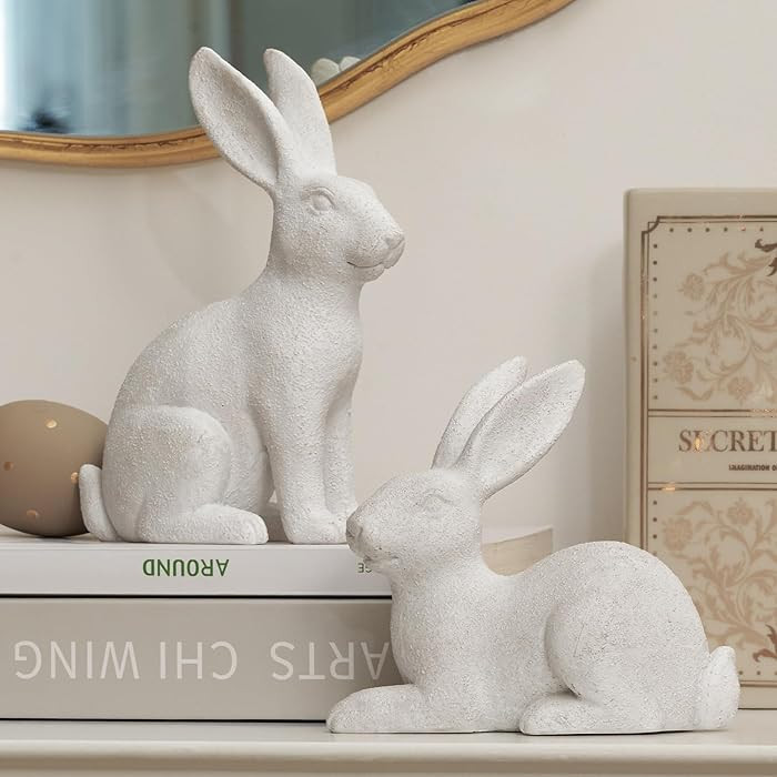 White Frosted Resin Bunny Figurines Set of 2, Rabbit Statues Indoor Easter Decorations for Spring... | Amazon (US)