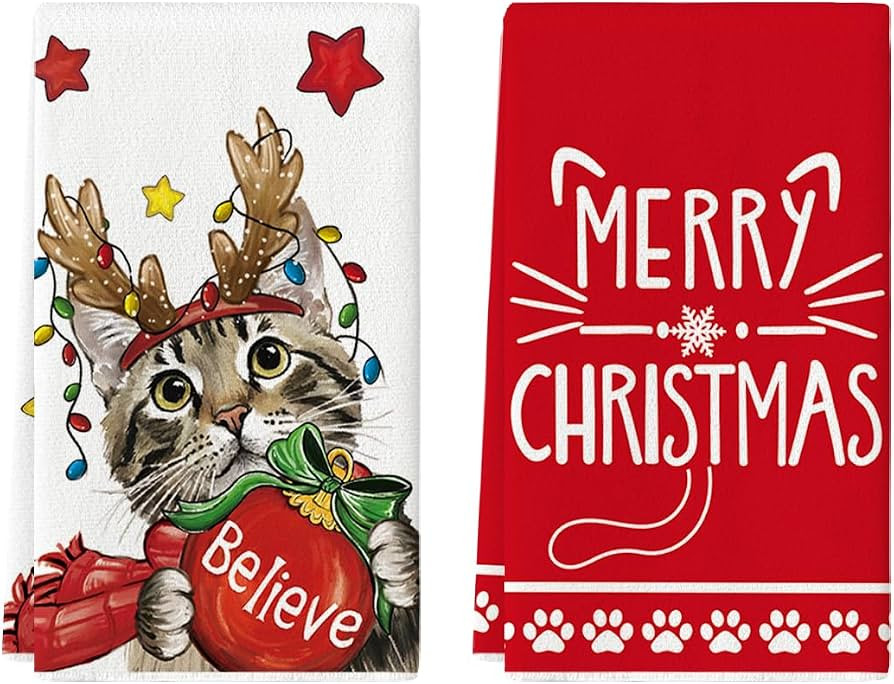 Artoid Mode Red Cat Merry Christmas Kitchen Towels Dish Towels, 18x26 Inch Star Xmas Ball Believe... | Amazon (US)