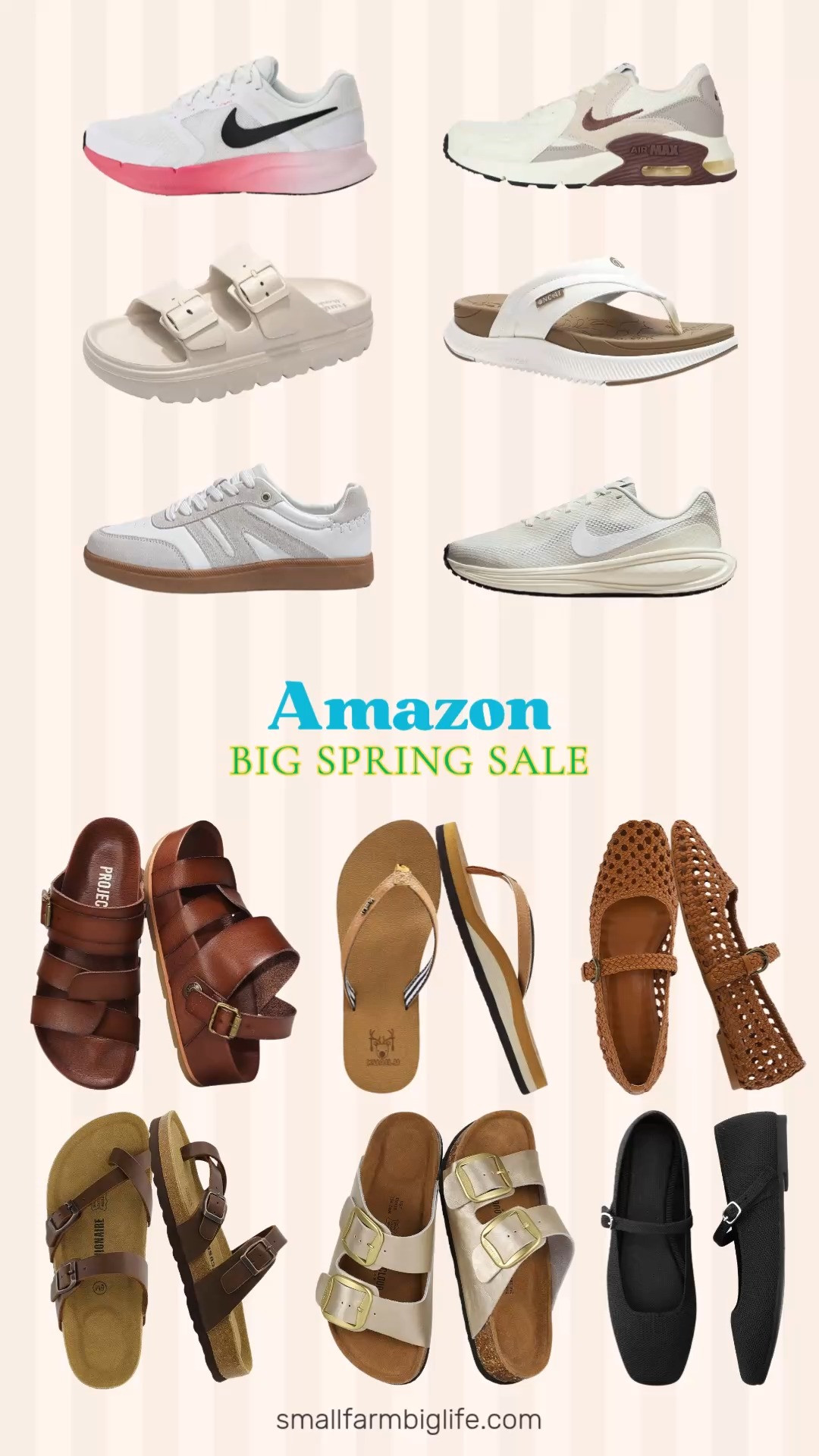 Amazon Big Spring Sale shoes and this round up is so good! Grab these before the sale ends March 31 👡✨ Black square toe knit ballet flats, white orthotic cushion flip flops, tan arch support flip flops, cream double buckle comfort slides, cream Nike Women's Revolution 8 running shoes, cream and brown Nike Air Max Excee shoes, white LUCKY STEP classic retro gum sole sneakers, brown cork footbed sandals, brown hand woven mary jane flats, white and pink Nike Run Swift 3 running shoes, brown strappy wedge sandals, and gold genuine leather flat double buckle sandals. Something for every style and every occasion in this round up. From supportive everyday sneakers and comfortable flip flops to cute ballet flats, cork sandals, and strappy wedges for spring and summer. All on sale right now at amazing prices. Everything is linked! 🛒 

 #LTKootd #LTKOver40 #LTKSaleAlert