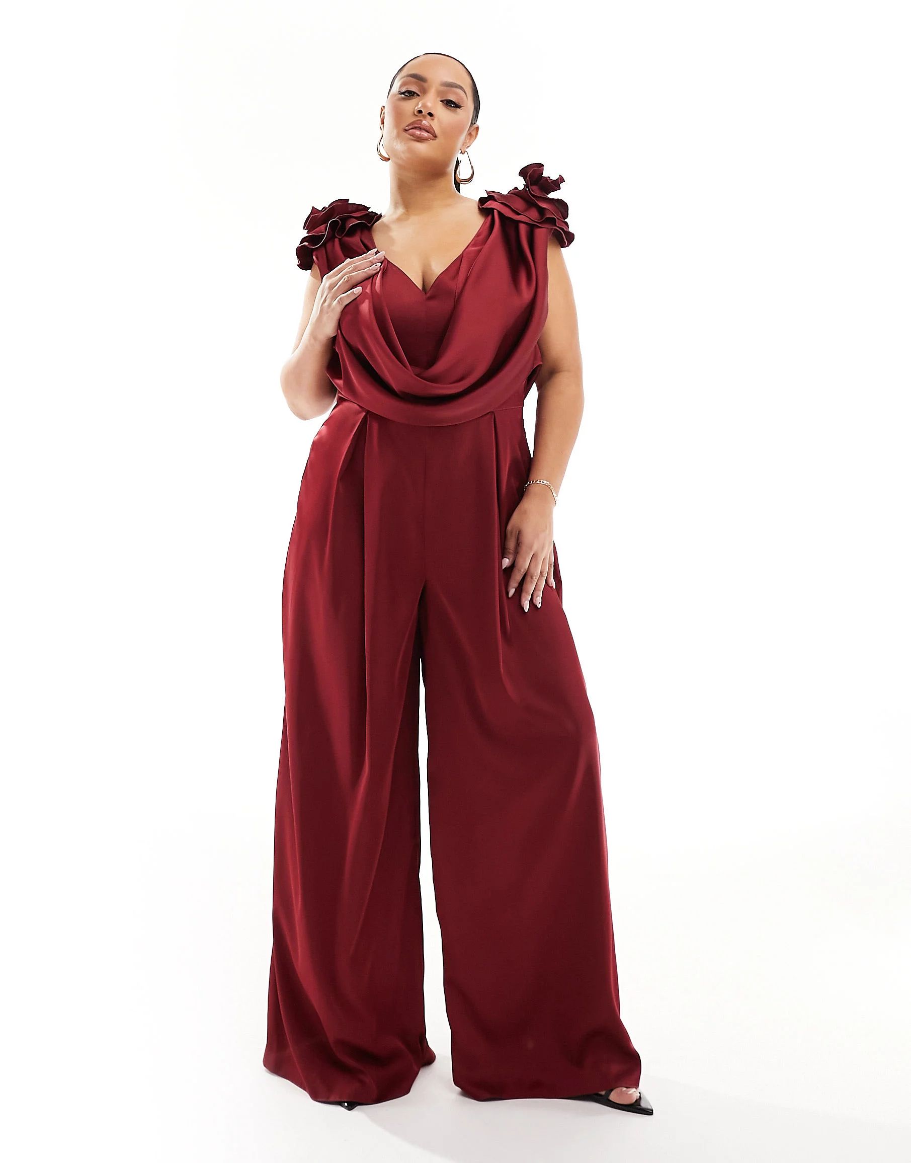 ASOS LUXE Curve satin corsage plunge neck wide leg jumpsuit in oxblood | ASOS (Global)