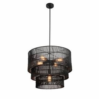 Sessions 5-Light Black Tiered Pendant Rattan | The Home Depot