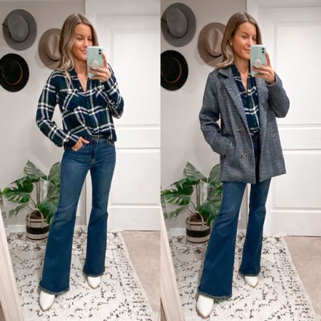 Today’s Outfit for Church! 
* Check out the Old Navy friends & family 50% off sale, ending tomorrow *
AE Flare Jeans
Plaid Flannel
Navy Car Coat
White Booties

#LTKstyletip #LTKSeasonal #LTKHoliday