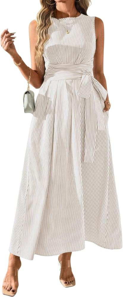 ebossy Women's Striped Shirt Dress Casual Crewneck Tie Waist Sleeveless A-Line Maxi Cotton Dress ... | Amazon (US)
