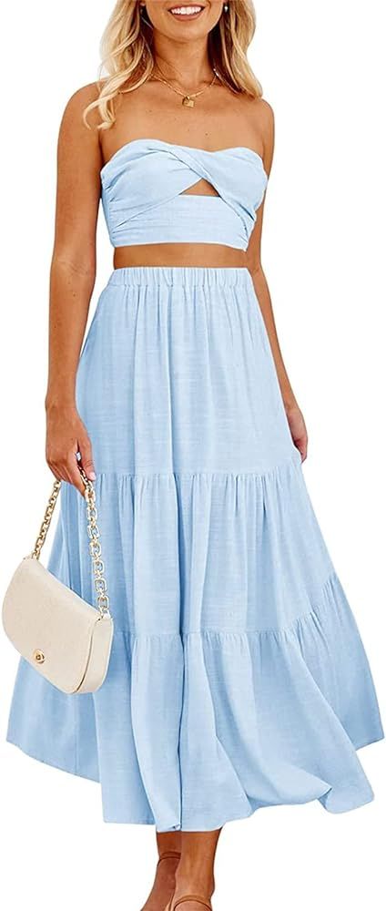Womens Twist Tube Maxi Dress 2Pcs Set Strapless Crop Top Swing Skirt Floral Print Sundress Beach Par | Amazon (US)