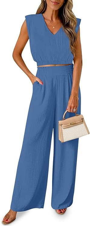 Fisoew Women's 2 Piece Outfits Summer Linen Lounge Sets Sleeveless v Neck Crop Top Wide Leg Pants... | Amazon (US)