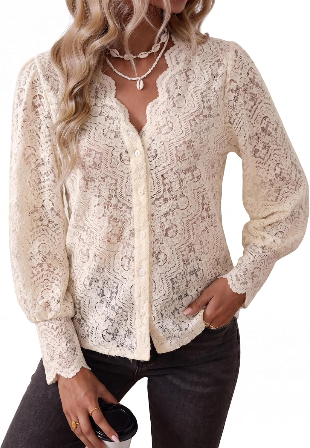 Women's Lace Tops Dressy Casual Long Sleeve Bown Down Shirts Blouses | Amazon (US)