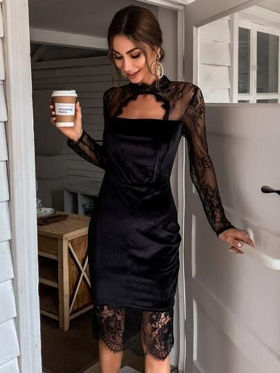 Missord Sheer Lace Yoke Cut-out Ruffle Hem Velvet Dress | SHEIN