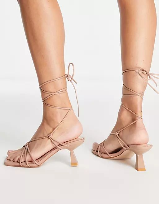 Simmi London Wide Fit tie ankle mid heeled sandals in camel | ASOS | ASOS (Global)