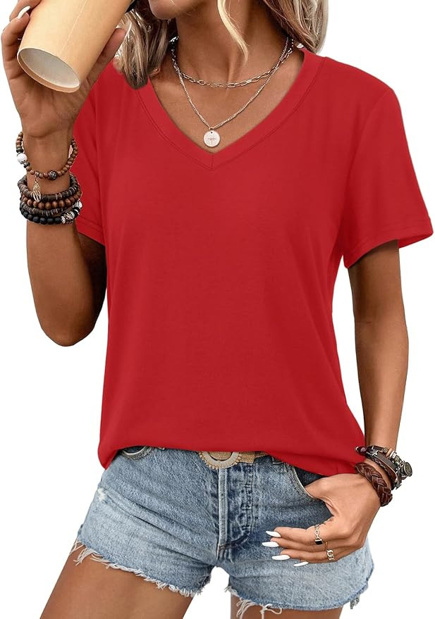 ATHMILE Womens V Neck Short Sleeve Summer T Shirts Curved Hem Plain Top Beach | Amazon (US)