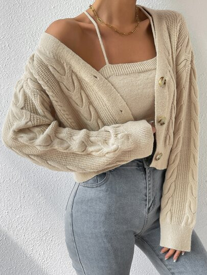 Drop Shoulder Cable Knit Cardigan & Crop Knit Top | SHEIN