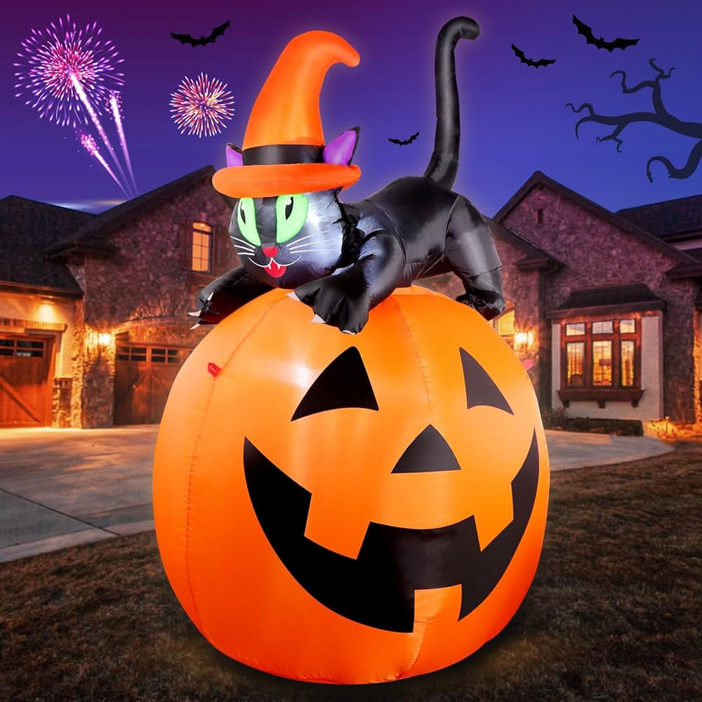5FT Halloween Inflatable Pumpkin Yard Decoration, Lighted Blow Up Outdoor Decor, Stacked Witch’... | Amazon (US)