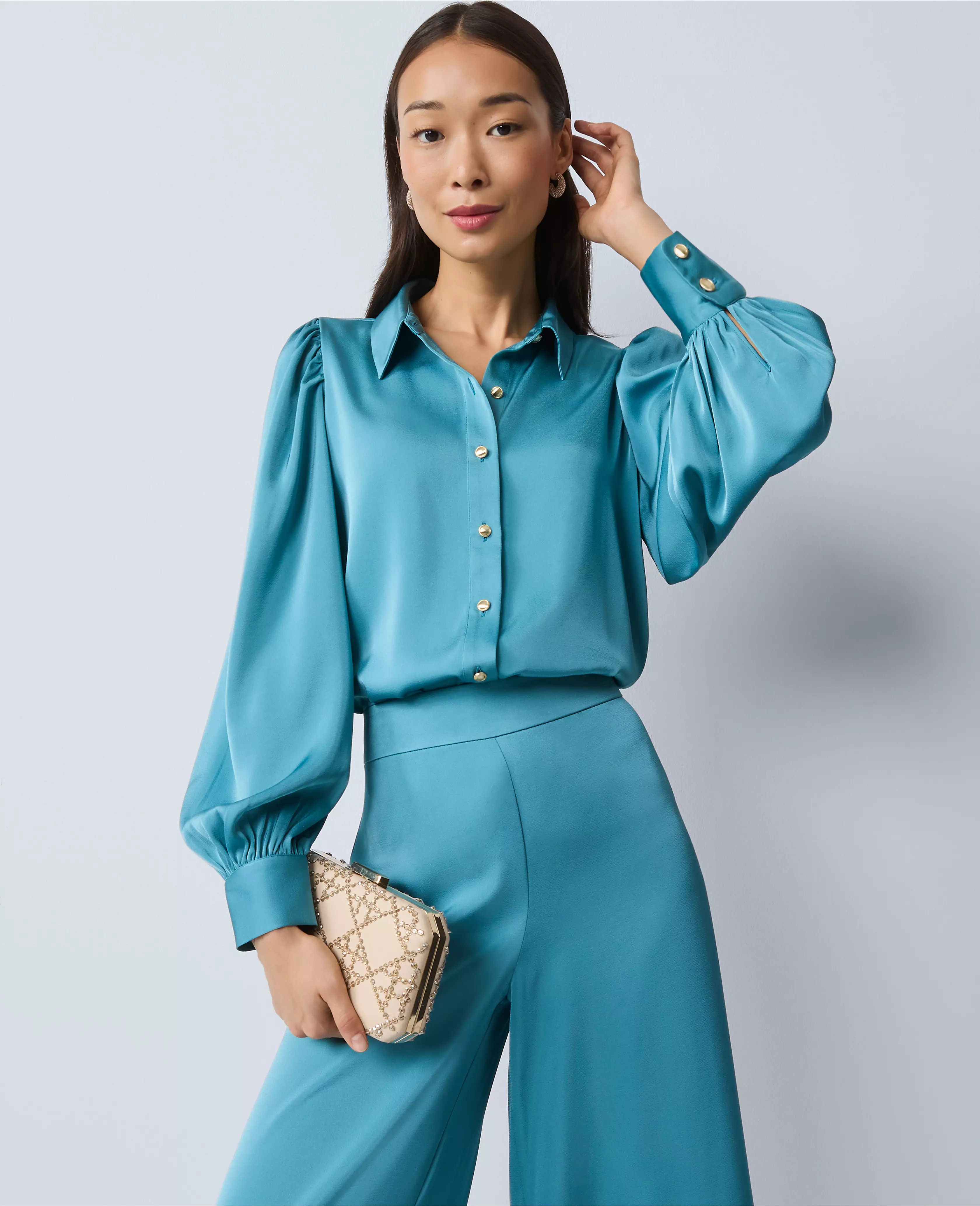 Satin Blouson Sleeve Blouse | Ann Taylor