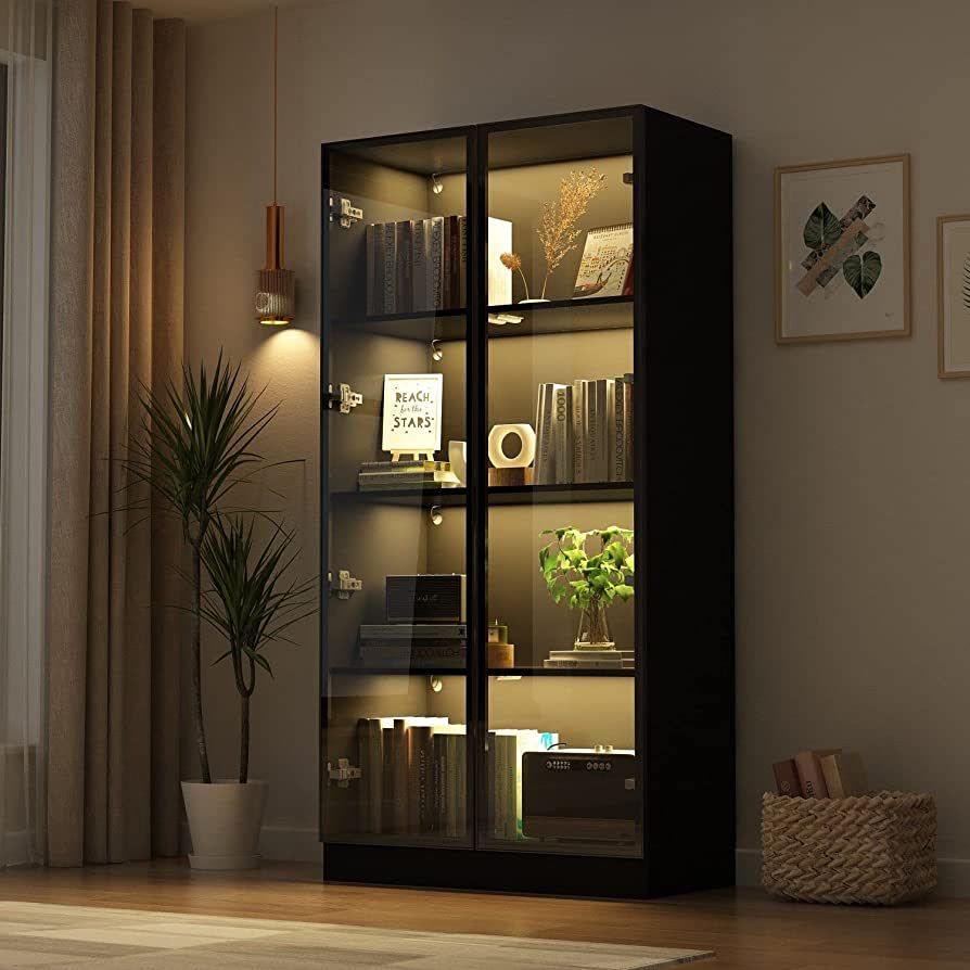 FAMAPY Display Cabinet with Glass Doors and Lights, Glass Display Cabinet with 4-Tier Large Shelv... | Amazon (US)