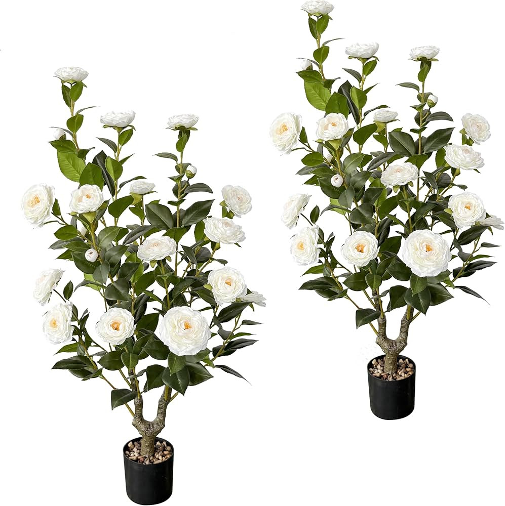 2pcs Artificial Camellia Tree 38 inch, Faux Plants Outdoor Artificial Flowers, White Tree with Pl... | Amazon (US)