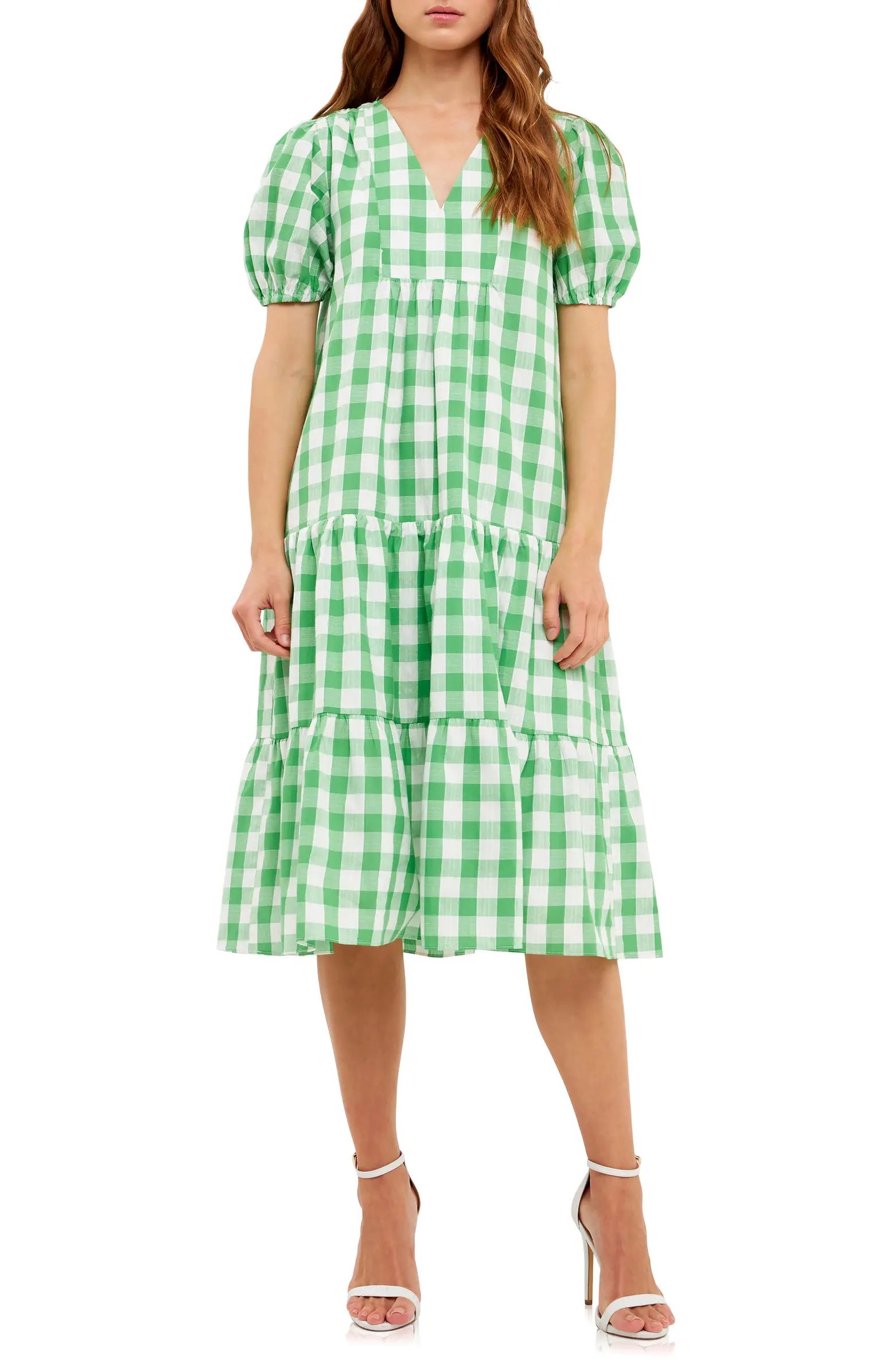 Gingham Tiered Puff Sleeve Cotton Midi Dress | Nordstrom