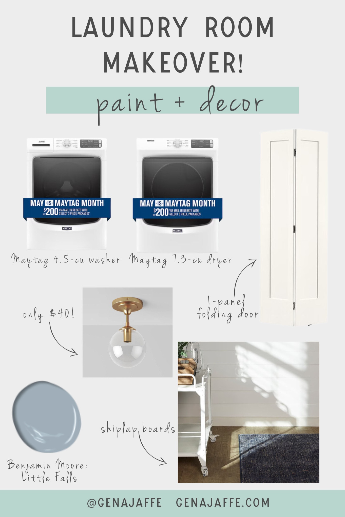 Thrilled to share my laundry room closet makeover! We saved space with @Maytag stackable washer and dryers, then closed off the space with two sets of folding doors. Since our laundry room is right in a main walkway of our home, we tied it all together with shiplap and simple, yet gorgeous light fixtures! 

#LTKhome #LTKfamily