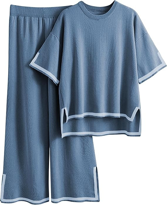 Tanming Sweater Sets Women 2 Piece Lounge Sets Short Sleeve Knit Pullover Tops Wide Leg Pants | Amazon (US)