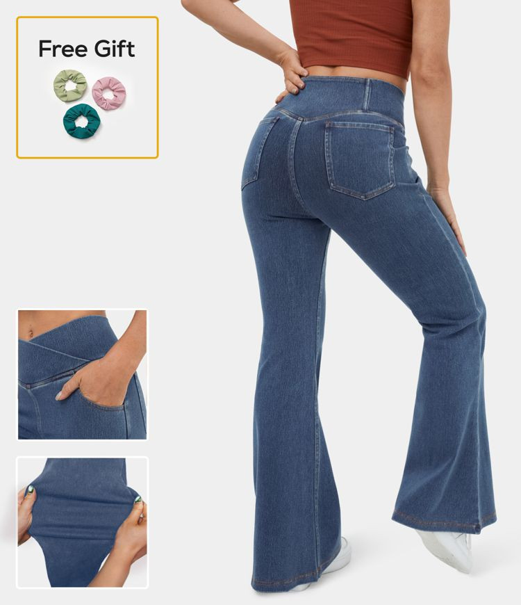 Women’s HalaraMagic™ High Waisted Crossover Pocket Washed Stretchy Knit Denim Casual Super Fl... | HALARA