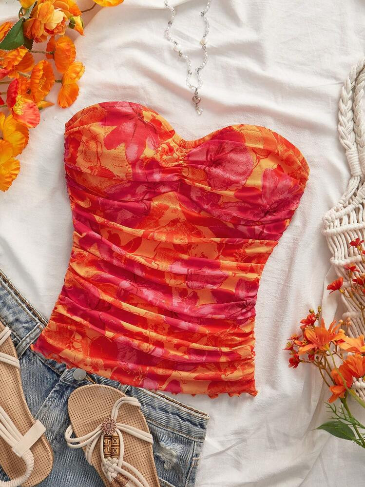 SHEIN VCAY Plus Size Pink Knitted Mesh Printed Tight Fitting Tube Top For Women,Boho Chic Summer ... | SHEIN